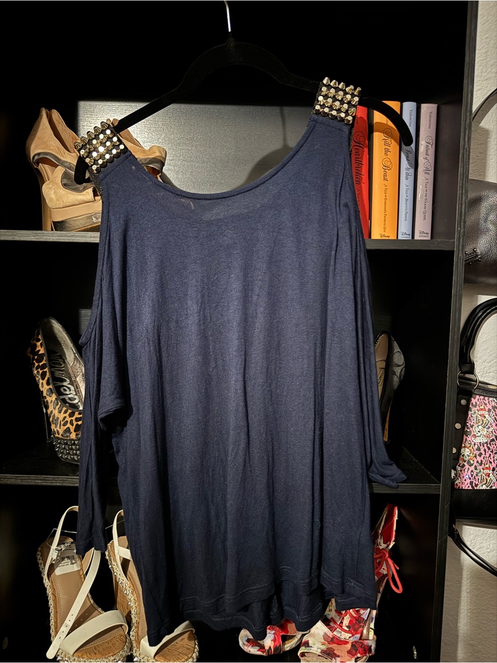Forever 21 Navy Long-Sleeve Top with Studded Shoulders